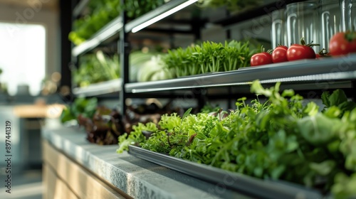 Wallpaper Mural Shelves filled with fresh green vegetables and herbs growing indoors in an urban garden, reflecting the trend towards sustainable living and self-grown organic produce. Torontodigital.ca