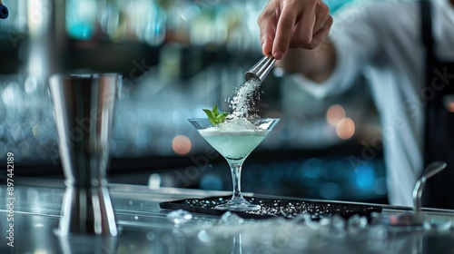 A bartender skillfully garnishes a fancy cocktail with powdered sugar, showcasing the art of mixology and the attention to detail that goes into creating fine beverages. photo