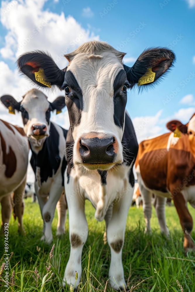 Curious Cow on Green Pasture - A close-up of a curious cow standing on a green pasture under a blue sky, perfect for farm, agriculture, and animal-themed projects. Curious Cow on Green Pasture - A close-up of a curious cow standing on a green pasture under a blue sky, perfect for farm, agriculture, and animal-themed projects.