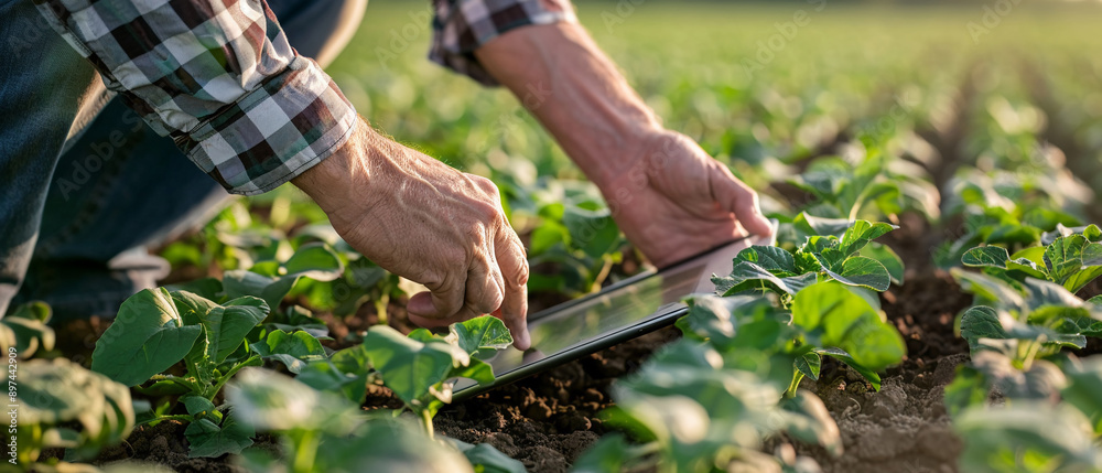 Fototapeta premium Hands of a farmer monitoring field conditions on a tablet