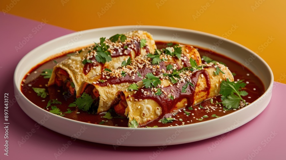 Gourmet Mexican Mole Poblano with Tender Chicken and Sesame Seeds on Isolated Background - Detailed Food Photography Gourmet Mexican Mole Poblano with Tender Chicken and Sesame Seeds on Isolated Background - Detailed Food Photography