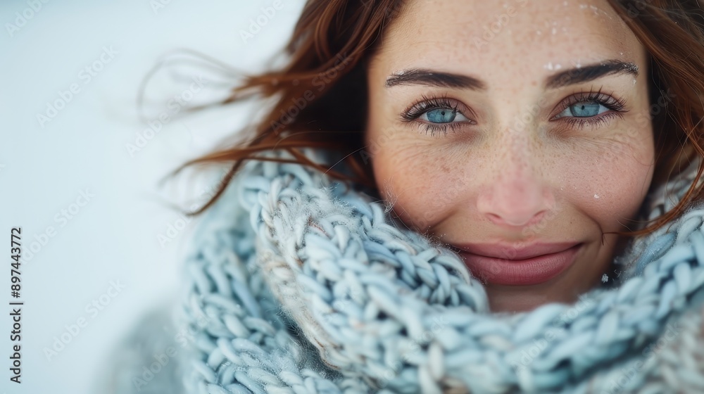 A close-up shot of a woman in warm knitwear, smiling as snow falls around her. Her expression highlights the pure joy and charm of experiencing a frosty winter day.
