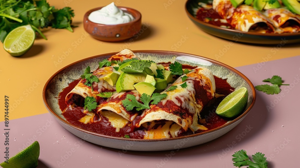 Delicious Mexican Enchiladas with Cheese, Red Sauce, and Avocado on Isolated Background - Culinary Delight Photography Delicious Mexican Enchiladas with Cheese, Red Sauce, and Avocado on Isolated Background - Culinary Delight Photography
