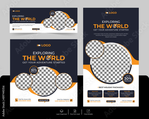 Travel social media and adventure tour holiday tourism marketing promotion advertising cover and story post banner design template set.