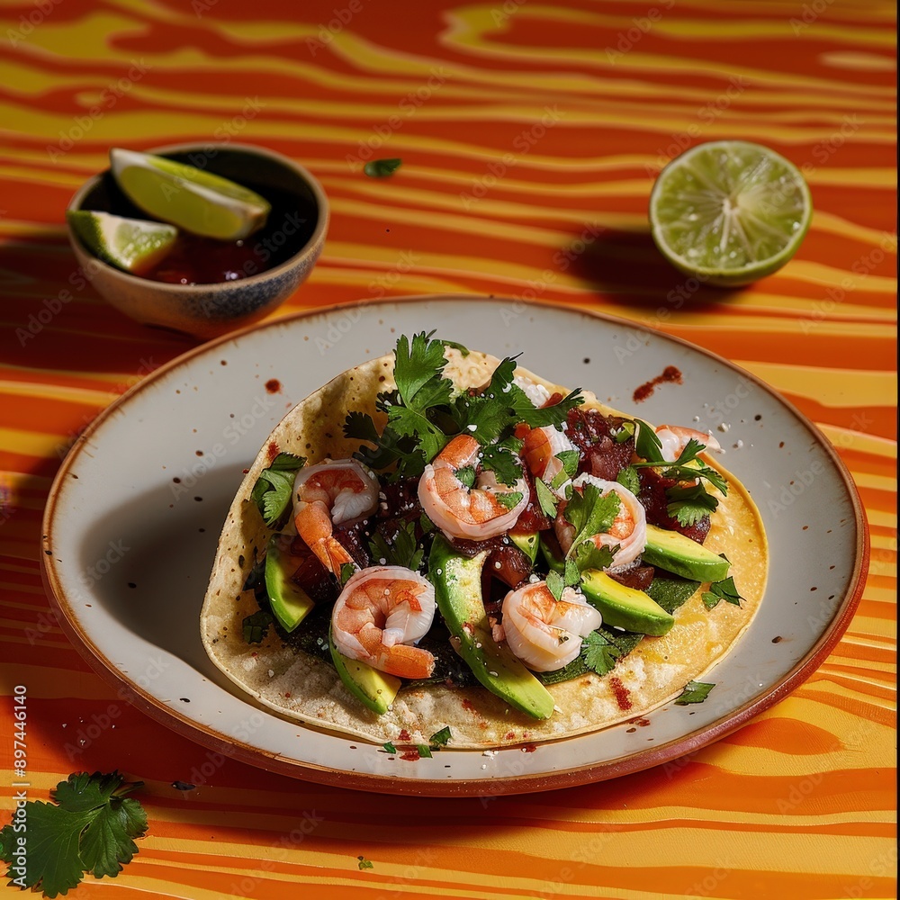 Fresh Mexican Shrimp Ceviche Tostada on Wooden Table Background Fresh Mexican Shrimp Ceviche Tostada on Wooden Table Background