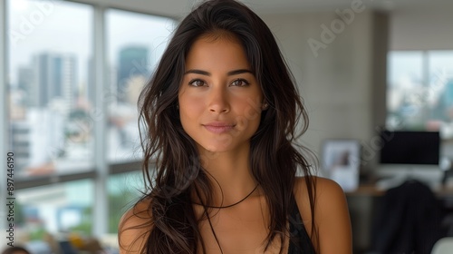 Woman With Long Brown Hair Smiles at the Camera in a Modern Apartment © fotofabrika