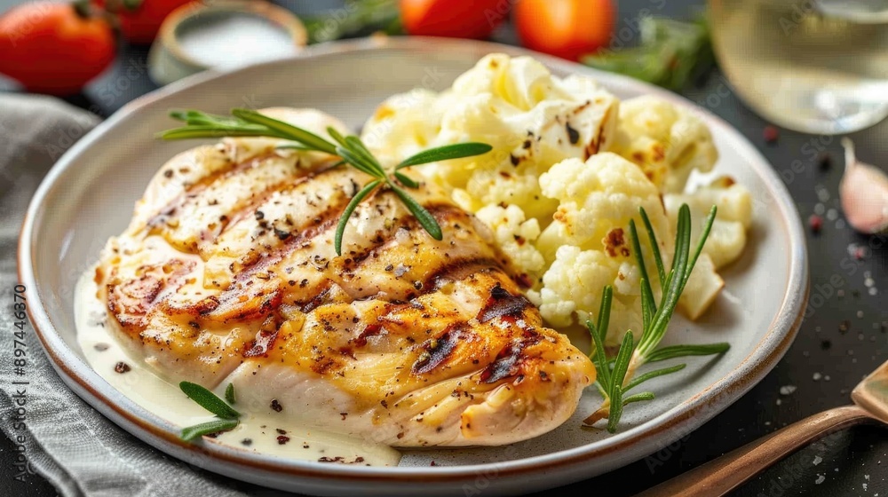 Grilled chicken breast with stewed cauliflower and white sauce presentation Grilled chicken breast with stewed cauliflower and white sauce presentation