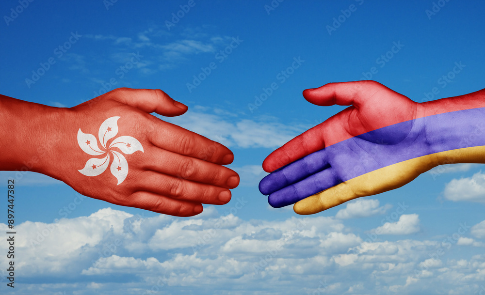 Armenia and Hong Kong country handshaking with flags, consensus concept international co-operation illustration Armenia and Hong Kong country handshaking with flags, consensus concept international co-operation illustration