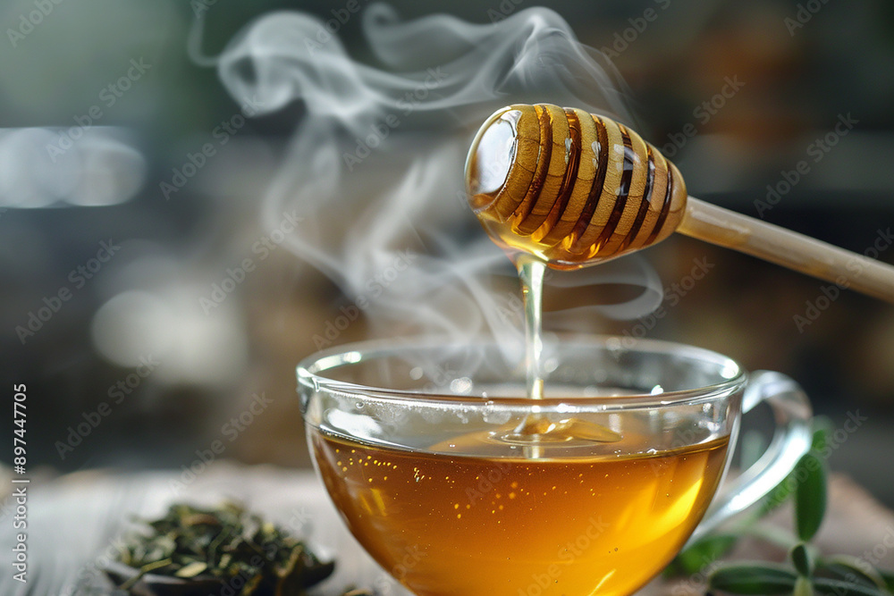 Close-up of honey being drizzled into a steaming cup of tea, evoking warmth and comfort in a cozy setting. Close-up of honey being drizzled into a steaming cup of tea, evoking warmth and comfort in a cozy setting.