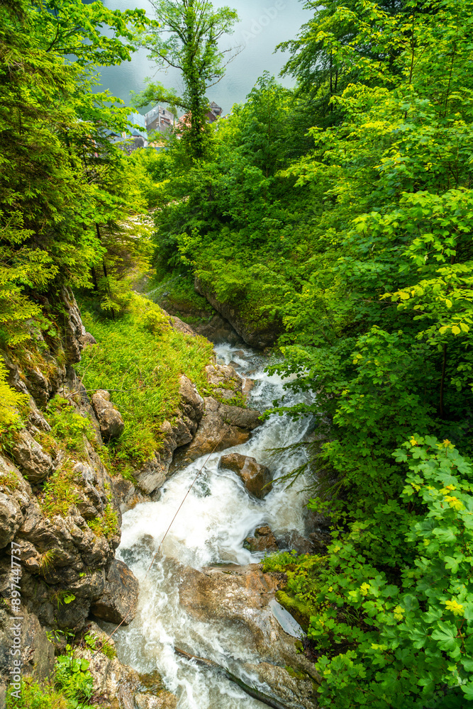 Hallstätter Wasserfall und Mühlbach in der idyllischen Alpenregion am Hallstätter See in Österreich Salzkammergut Hallstätter Wasserfall und Mühlbach in der idyllischen Alpenregion am Hallstätter See in Österreich Salzkammergut