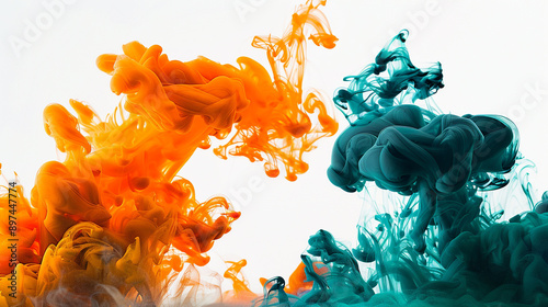 Colorful ink in water, with orange and blue swirling patterns creating a striking and abstract visual.