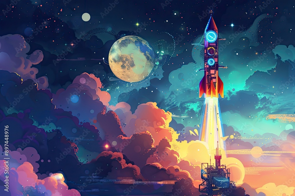 A whimsical illustration of a rocket made of computer parts launching into space, symbolizing a tech startup launch A whimsical illustration of a rocket made of computer parts launching into space, symbolizing a tech startup launch