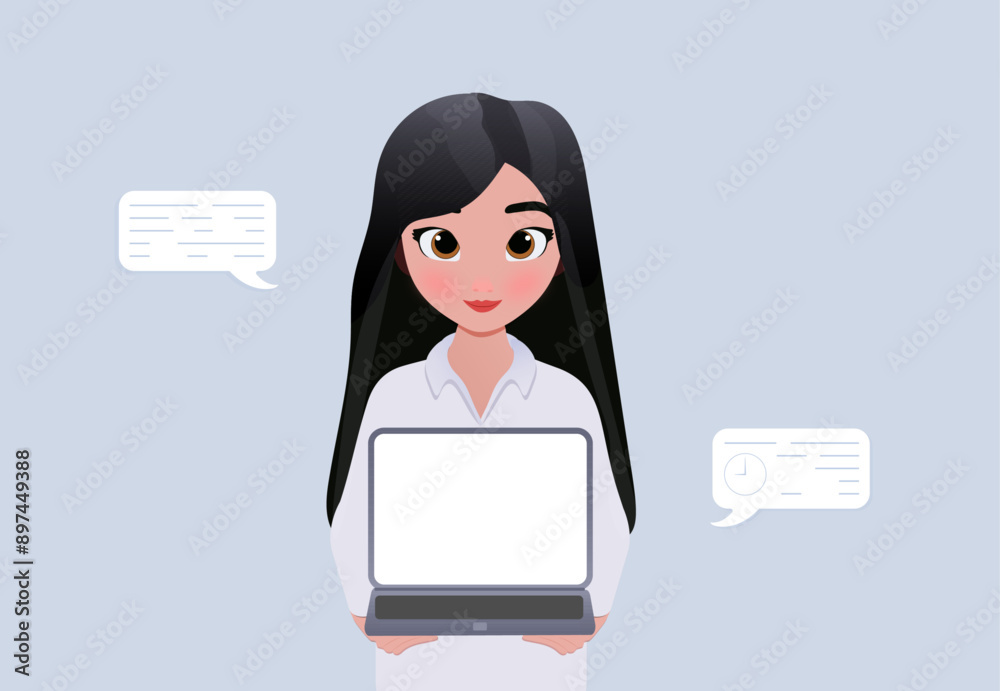 Business woman in hands with laptop, flat style Business woman in hands with laptop, flat style