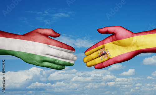 Spain and Hungary country handshaking with flags, consensus concept international co-operation illustration