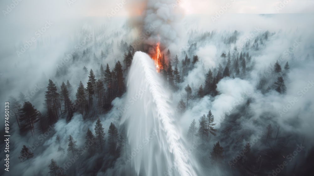 Fototapeta A dramatic aerial view captures a forest wildfire raging fiercely, with thick billowing smoke and towering flames enveloping the trees in a natural disaster in the woods.