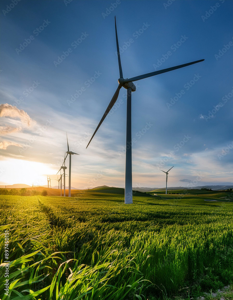 Wind turbines on the large field during sunset, green energy production Wind turbines on the large field during sunset, green energy production