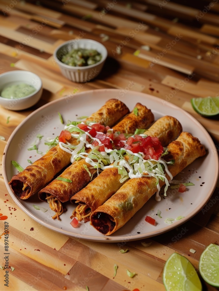 Delicious Mexican Flautas with Shredded Chicken, Lettuce, Tomato, and Crema on Wooden Table | Vibrant Food Photography Shot Delicious Mexican Flautas with Shredded Chicken, Lettuce, Tomato, and Crema on Wooden Table | Vibrant Food Photography Shot