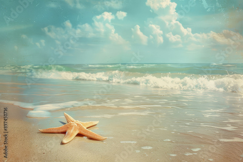 retro style photograph of beach and starfish