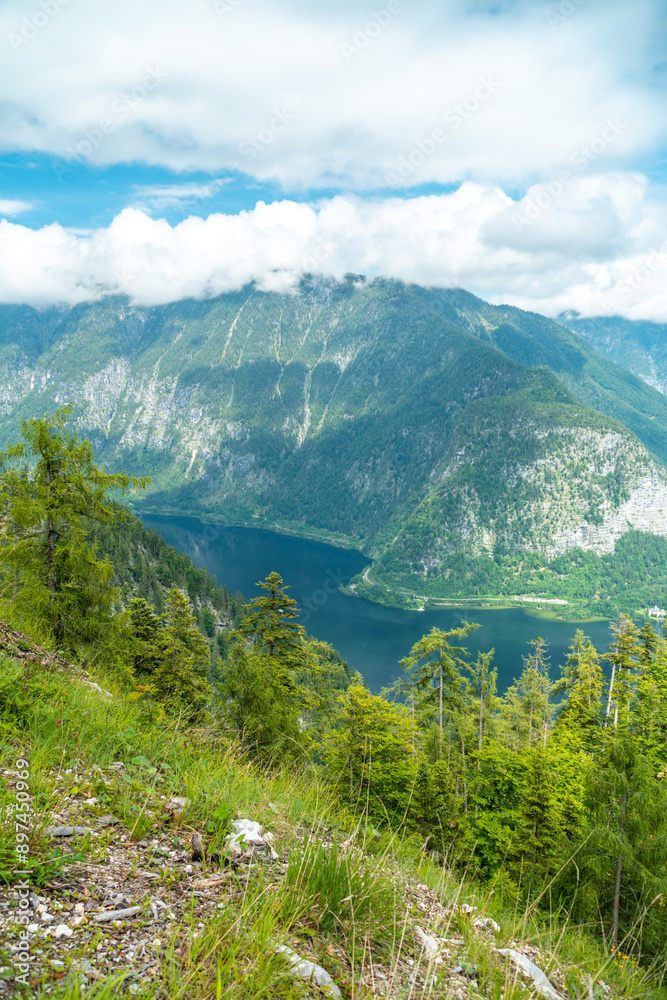 Hallstätter See, Bergpanorama und Obertraun in Hallstatt im Sommer Salzkammergut Hallstätter See, Bergpanorama und Obertraun in Hallstatt im Sommer Salzkammergut