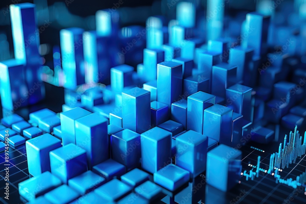 Close-up of 3D blue blocks forming a stock market graph, representing business growth, on a dark background. Close-up of 3D blue blocks forming a stock market graph, representing business growth, on a dark background.