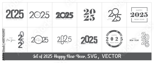 Set of 2025 Happy New Year text design Vector illustration with isolated on white background