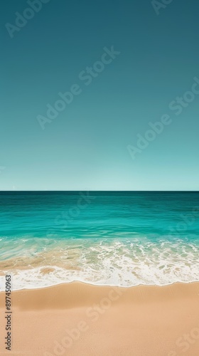 Gentle waves on sandy beach under clear blue skies, perfect for relaxing vacation in tropical paradise. Beautiful seascape for holiday destination. Enjoy stunning nature scenery