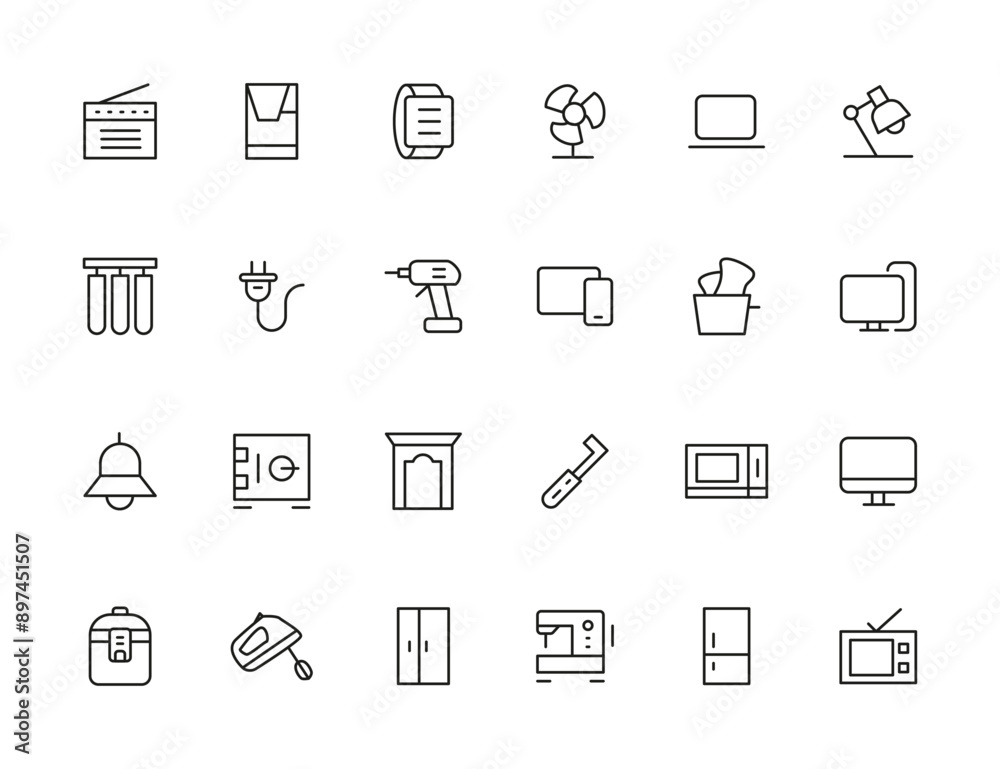 Home appliances and Household items simple line icon set. Editable stroke. icons for website. home symbols, furniture, kitchenware, Home appliances and electronics icons