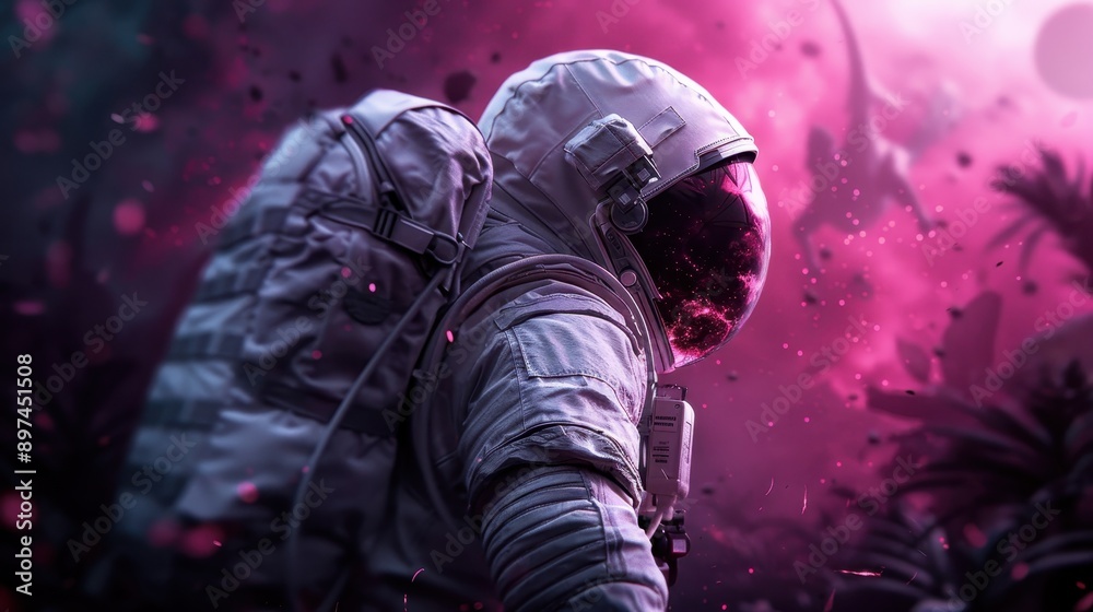 An astronaut clad in a space suit explores an alien landscape that features striking colors, possibly indicating an extraterrestrial planet bathed in surreal hues. An astronaut clad in a space suit explores an alien landscape that features striking colors, possibly indicating an extraterrestrial planet bathed in surreal hues.