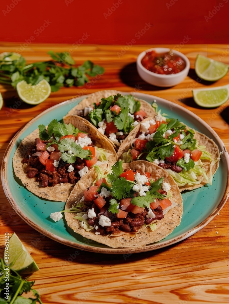 Vibrant Mexican Tostadas with Refried Beans and Queso Fresco on Wooden Table Vibrant Mexican Tostadas with Refried Beans and Queso Fresco on Wooden Table