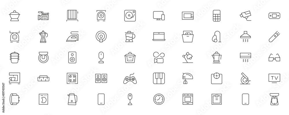 Home appliances and Household items simple line icon set. Editable stroke. icons for website. home symbols, furniture, kitchenware, Home appliances and electronics icons Home appliances and Household items simple line icon set. Editable stroke. icons for website. home symbols, furniture, kitchenware, Home appliances and electronics icons
