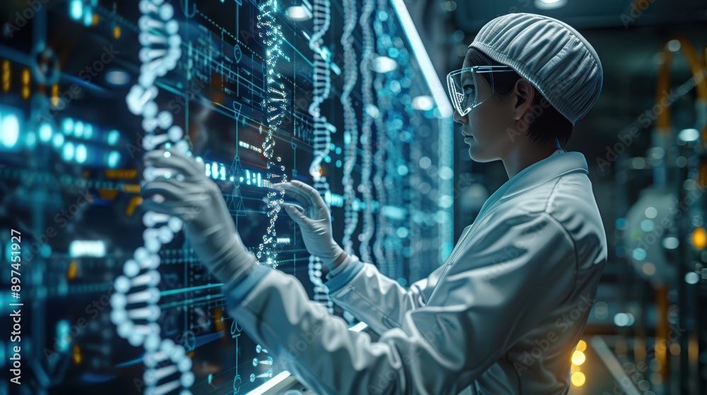 Hyper-Realistic Digital Illustration of Laboratory Technician Analyzing Genetic Data on Touchscreen Interface in High-Tech Lab Setting Hyper-Realistic Digital Illustration of Laboratory Technician Analyzing Genetic Data on Touchscreen Interface in High-Tech Lab Setting