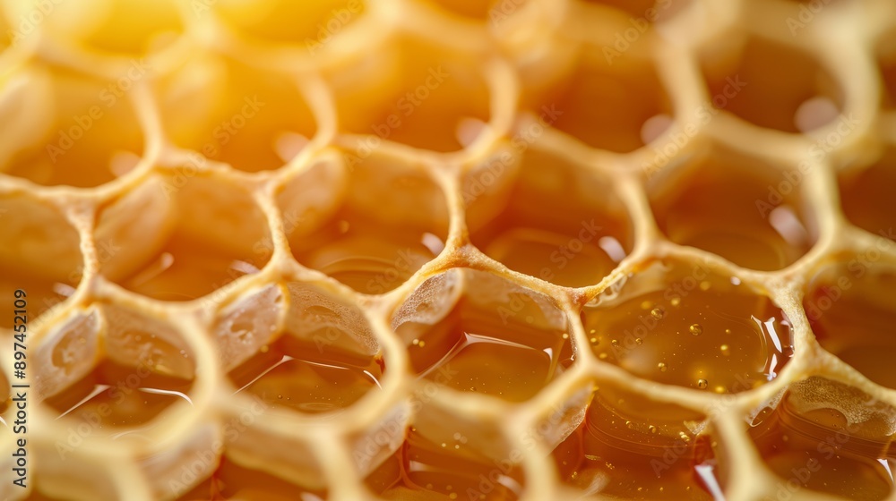 Realistic close-up of a natural honeycomb structure, hexagonal cells filled with golden honey, sunlight streaming through the top cells creating a warm glow, intricate wax details visible Realistic close-up of a natural honeycomb structure, hexagonal cells filled with golden honey, sunlight streaming through the top cells creating a warm glow, intricate wax details visible