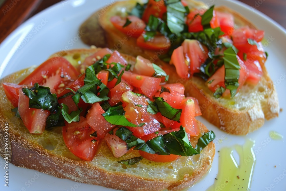 Freshly made bruschetta topped with diced tomatoes, basil, and olive oil on a white plate, perfect for a light and flavorful appetizer. Freshly made bruschetta topped with diced tomatoes, basil, and olive oil on a white plate, perfect for a light and flavorful appetizer.