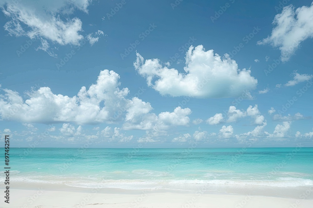 Serene beach with azure waters and fluffy clouds under a clear blue sky, perfect for a relaxing getaway or a tranquil moment. Serene beach with azure waters and fluffy clouds under a clear blue sky, perfect for a relaxing getaway or a tranquil moment.
