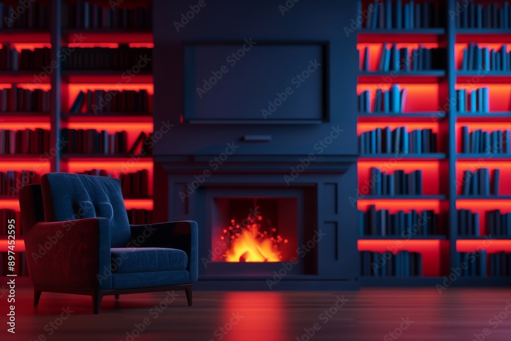 A cozy digital living room bathed in warm light, a plush armchair sits in front of a crackling fireplace, bookshelves line the walls, overflowing with glowing digital books, inviting atmosphere A cozy digital living room bathed in warm light, a plush armchair sits in front of a crackling fireplace, bookshelves line the walls, overflowing with glowing digital books, inviting atmosphere