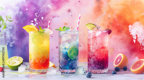 Colorful Galaxy Summer Drinks. Vibrant, refreshing summer drinks with fruit garnishes and splashes