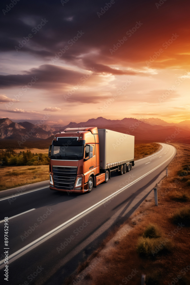 European truck vehicle on motorway with dramatic sunset light. Loaded European truck on highway in beautiful dusk light. On the road transportation and cargo. International logistic