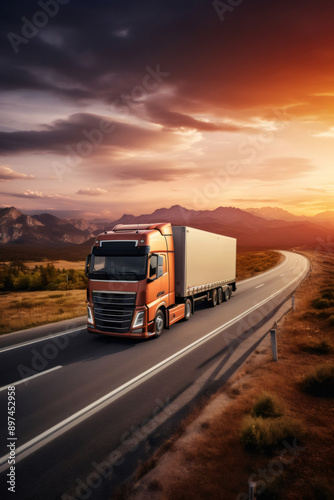 Obraz na płótnie European truck vehicle on motorway with dramatic sunset light. Loaded European truck on highway in beautiful dusk light. On the road transportation and cargo. International logistic w salonie