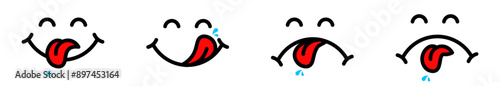 Juicy emoticon with red tongue sticking out icon. Delicious emoji, vector illustration on a white background