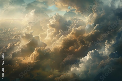 Dramatic cloudscape with cumulus clouds being lit from behind by golden evening or morning light © ylivdesign