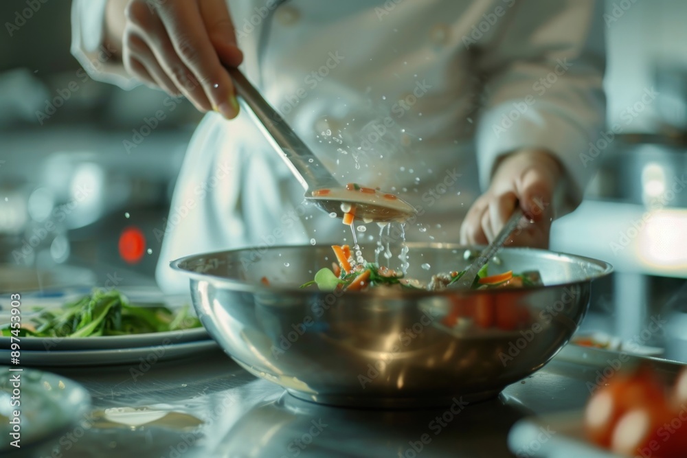 Chef preparing a probiotic dish in a professional kitchen, focusing on the fermentation process, indoor kitchen setting, Portrait close-up, hyper-realistic, high detail, photorealistic, studio Chef preparing a probiotic dish in a professional kitchen, focusing on the fermentation process, indoor kitchen setting, Portrait close-up, hyper-realistic, high detail, photorealistic, studio