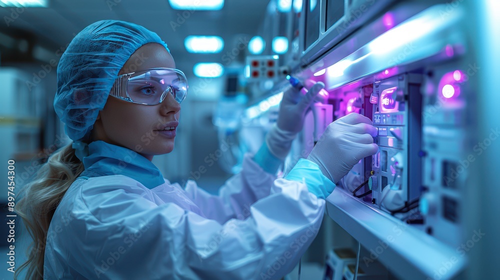 Hyper-Realistic 8K Photo of Healthcare Worker Disinfecting Medical Equipment with UV Light in Hospital Room