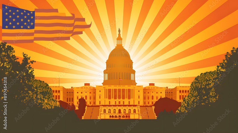 Obraz premium A vibrant digital illustration showcasing a grand cityscape bathed in golden sunlight, where the Stars and Stripes proudly fly against a clear sky on Independence Day 2024, capturing the essence 