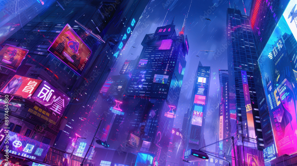 Fototapeta premium A vibrant futuristic cityscape at night featuring towering structures, neon lights, and flying vehicles, set against a cosmic sky..