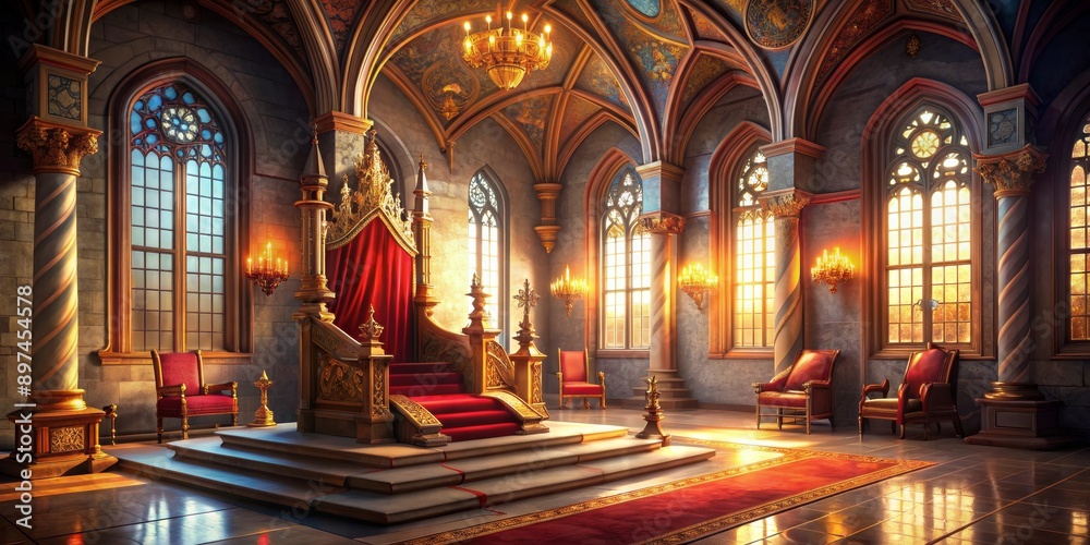 Fototapeta premium Golden Throne Room with Sunlit Windows, 3D Rendering, Fantasy Interior, Throne, Palace , fantasy, 3d