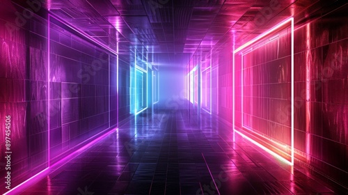 Glowing purple and blue neon lights illuminate an empty grunge sci fi concrete corridor tunnel  creating a vibrant futuristic backdrop