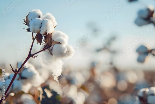 Close-up of cotton flower in the field, white fluffy cottonflower  ball on branch against blurred background of blooming cotton plant farm fields,with copy space for text.