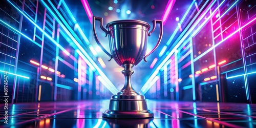 Golden Trophy in a Neon Server Room, 3D Render, Futuristic, Achievement, Technology , server, neon
