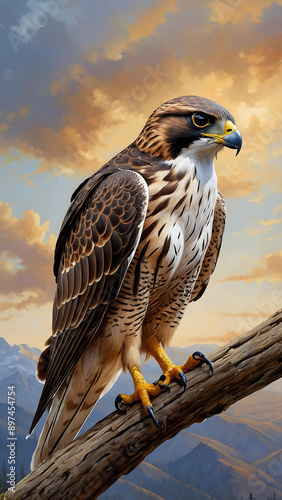 A majestic falcon with fierce golden eyes and sleek feathers that glisten in the sunlight