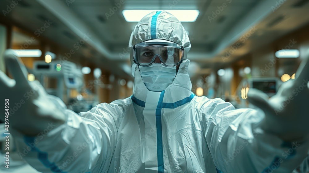 Hyper-Realistic 8K Image of Healthcare Worker in Full Protective Gear Entering Patient's Room with Medical Cart Hyper-Realistic 8K Image of Healthcare Worker in Full Protective Gear Entering Patient's Room with Medical Cart